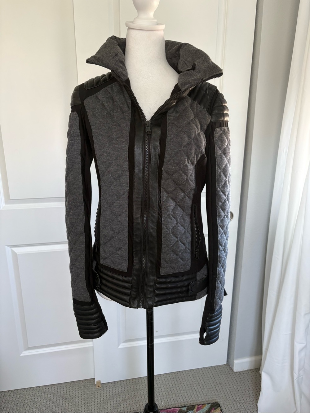 blanc noir Quilted Grey and Black Moto Jacket